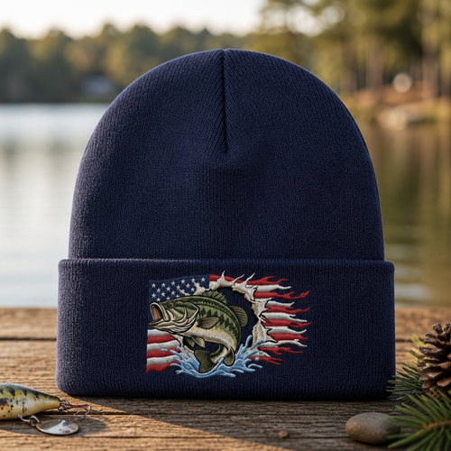 Personalized American Flag Bass Fish Jumping Water Patriotic Fishing Embroidered Beanie