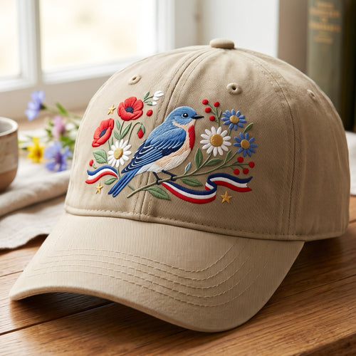 Bluebird Wildflowers Patriotic Ribbon Stars embroidered hat — front view