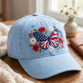 Patriotic Butterfly Wildflowers Red White Blue Stars Stripes embroidered hat — front view