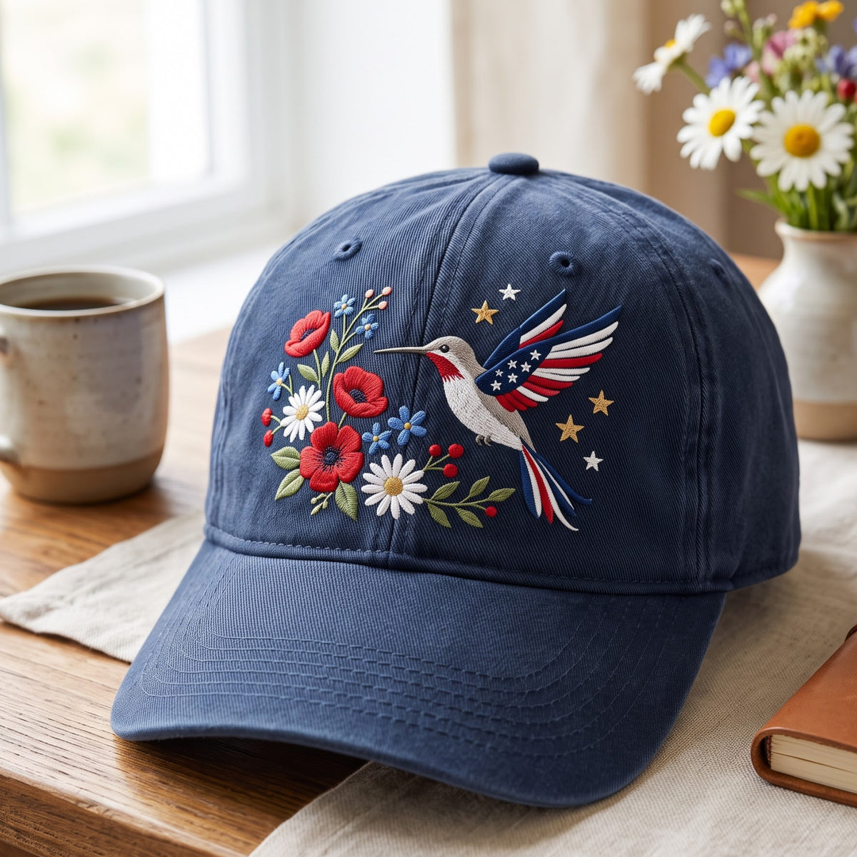 Patriotic Hummingbird Wildflowers Stars Flag Wings embroidered hat — front view