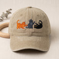 Three Playful Cats Orange Gray Black Kitten Playing embroidered hat — front view