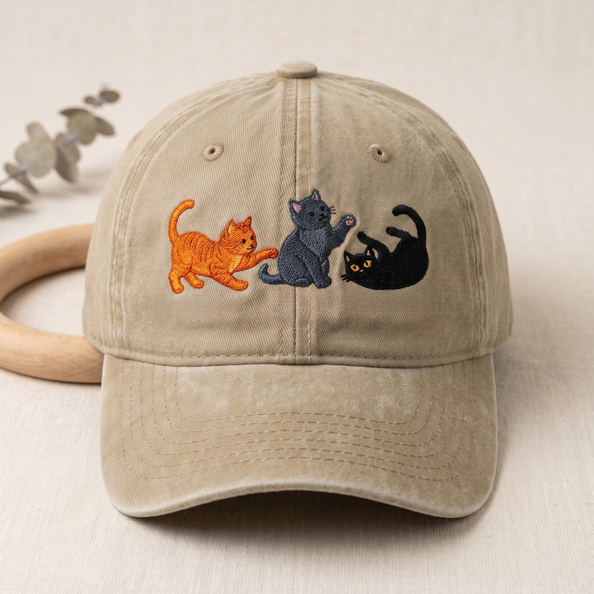 Three Playful Cats Orange Gray Black Kitten Playing embroidered hat — front view