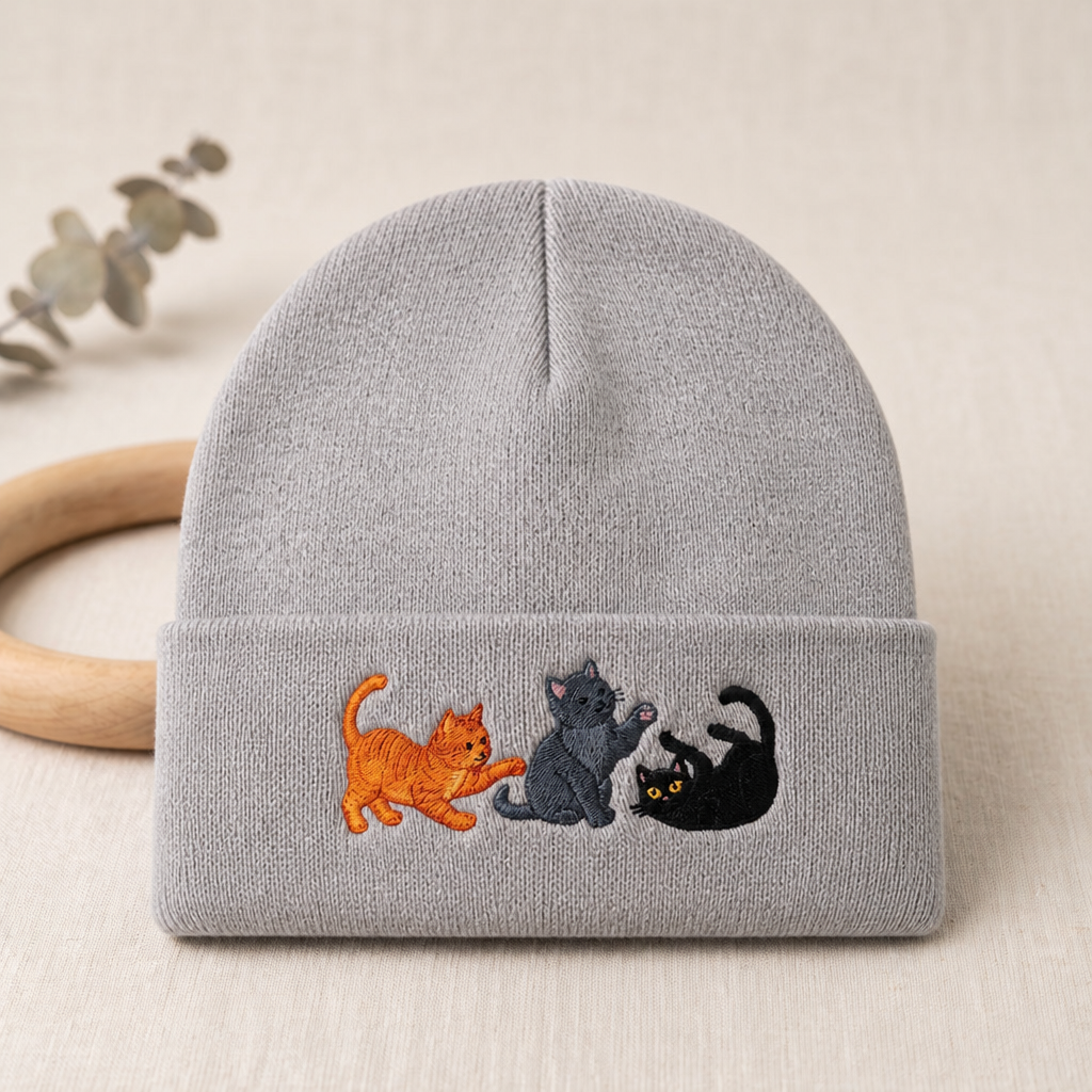 Three Playful Cats Orange Gray Black Kitten Playing Embroidered Beanie