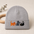 Three Playful Cats Orange Gray Black Kitten Playing Embroidered Beanie