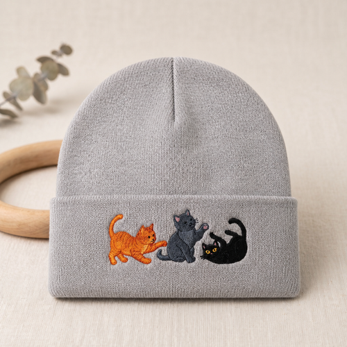 Three Playful Cats Orange Gray Black Kitten Playing Embroidered Beanie