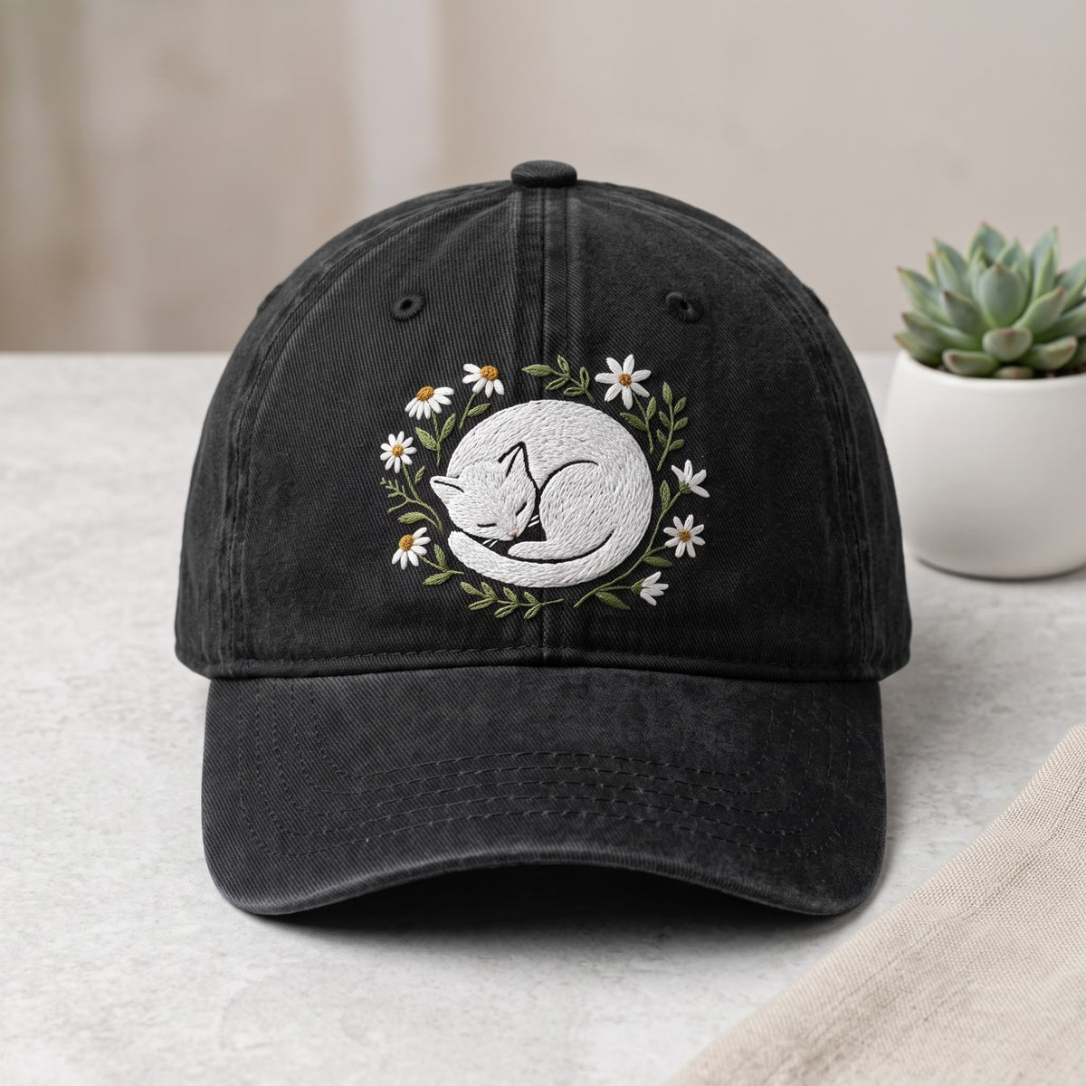 Sleeping Cat Daisy Floral Wreath Washed embroidered hat — front view