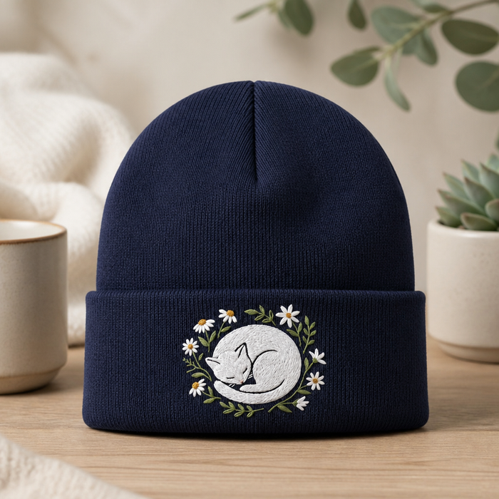 Sleeping Cat Daisy Floral Wreath Washed Embroidered Beanie