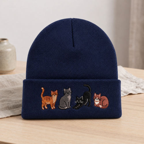 Four Cats Orange Tabby Gray Black Tuxedo Curled Row Embroidered Beanie