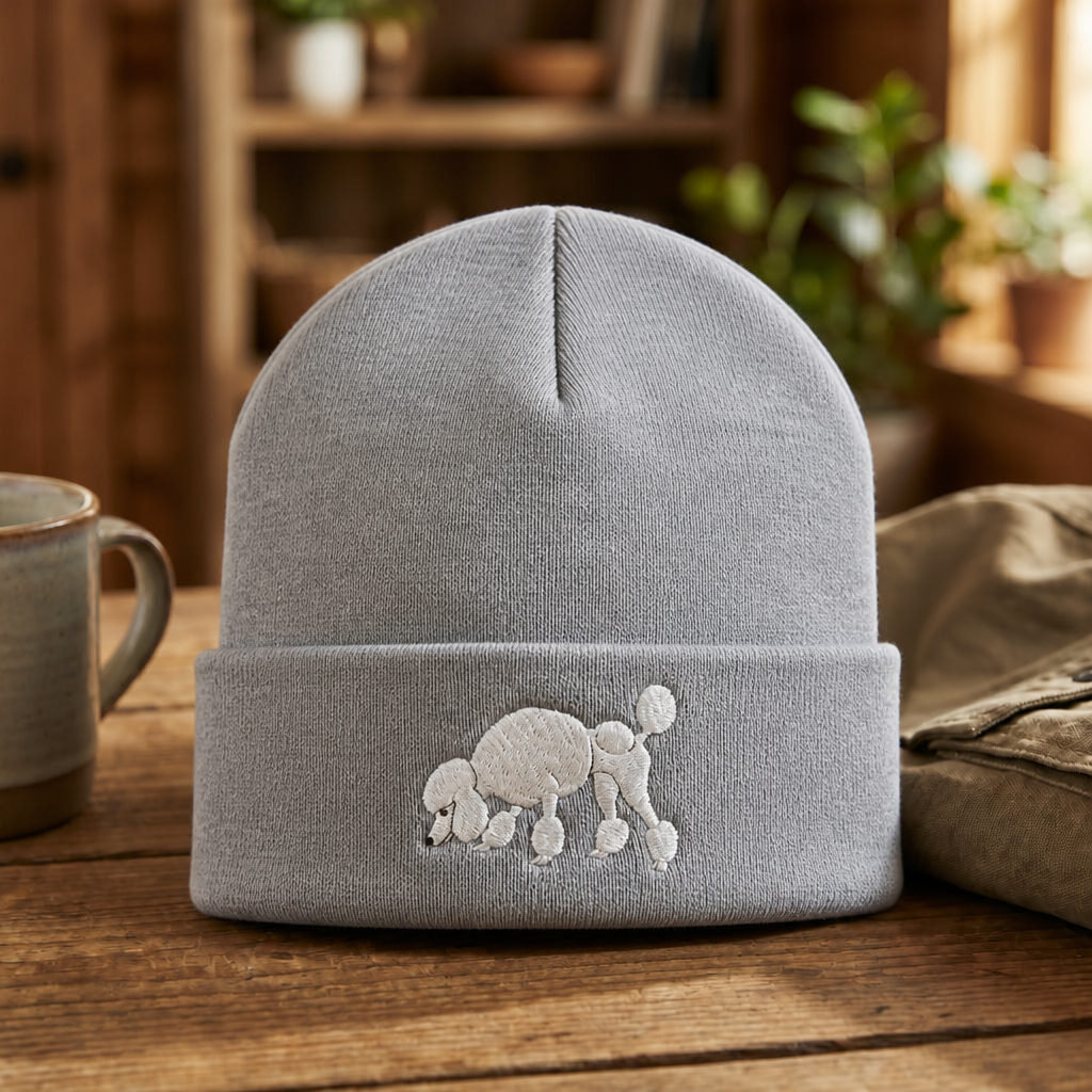 Poodle Dog Sniffing Minimalist Embroidered Beanie