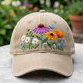 Personalized Wildflower Garden Daisy Echinacea Sunflower Butterfly embroidered hat — front view
