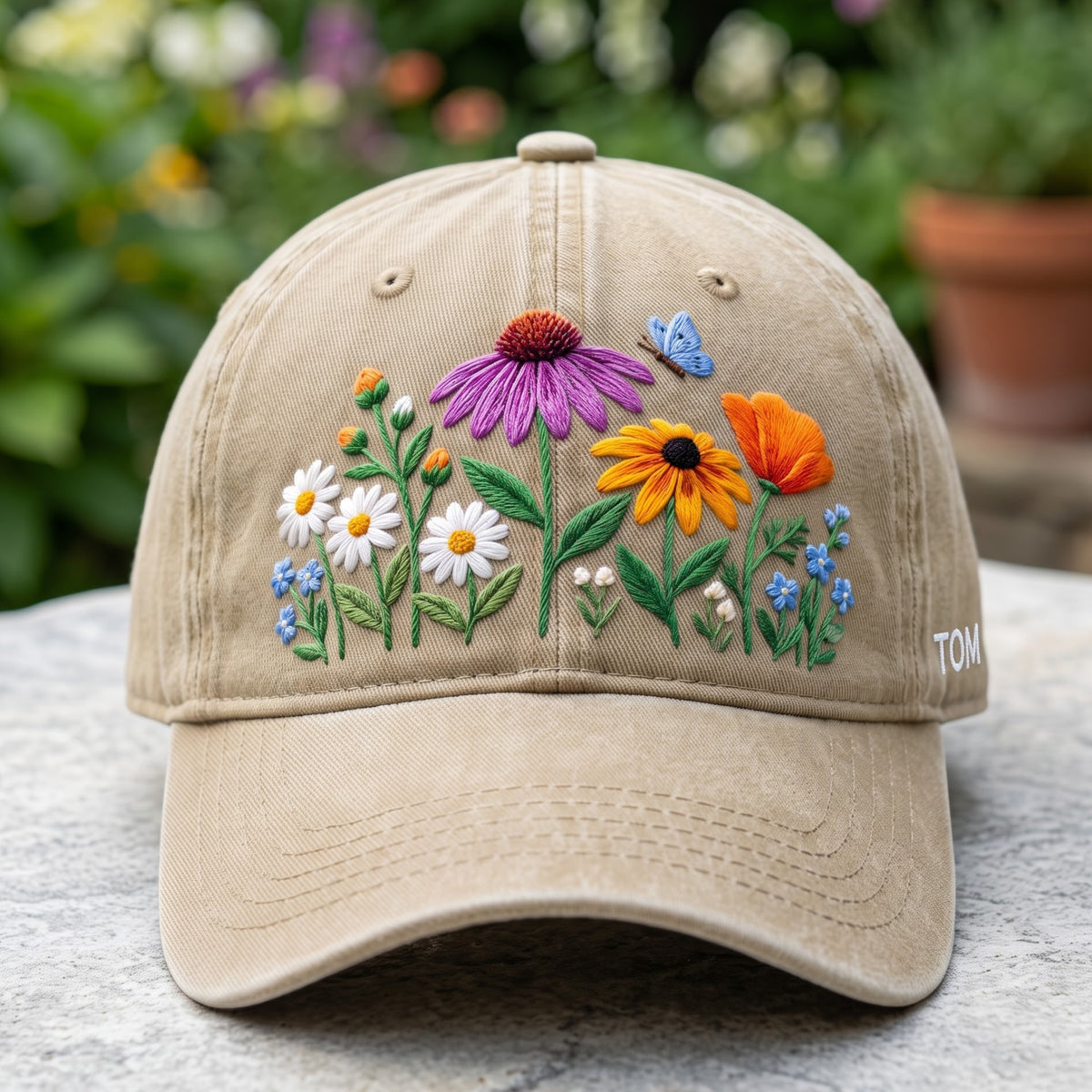 Personalized Wildflower Garden Daisy Echinacea Sunflower Butterfly embroidered hat — front view