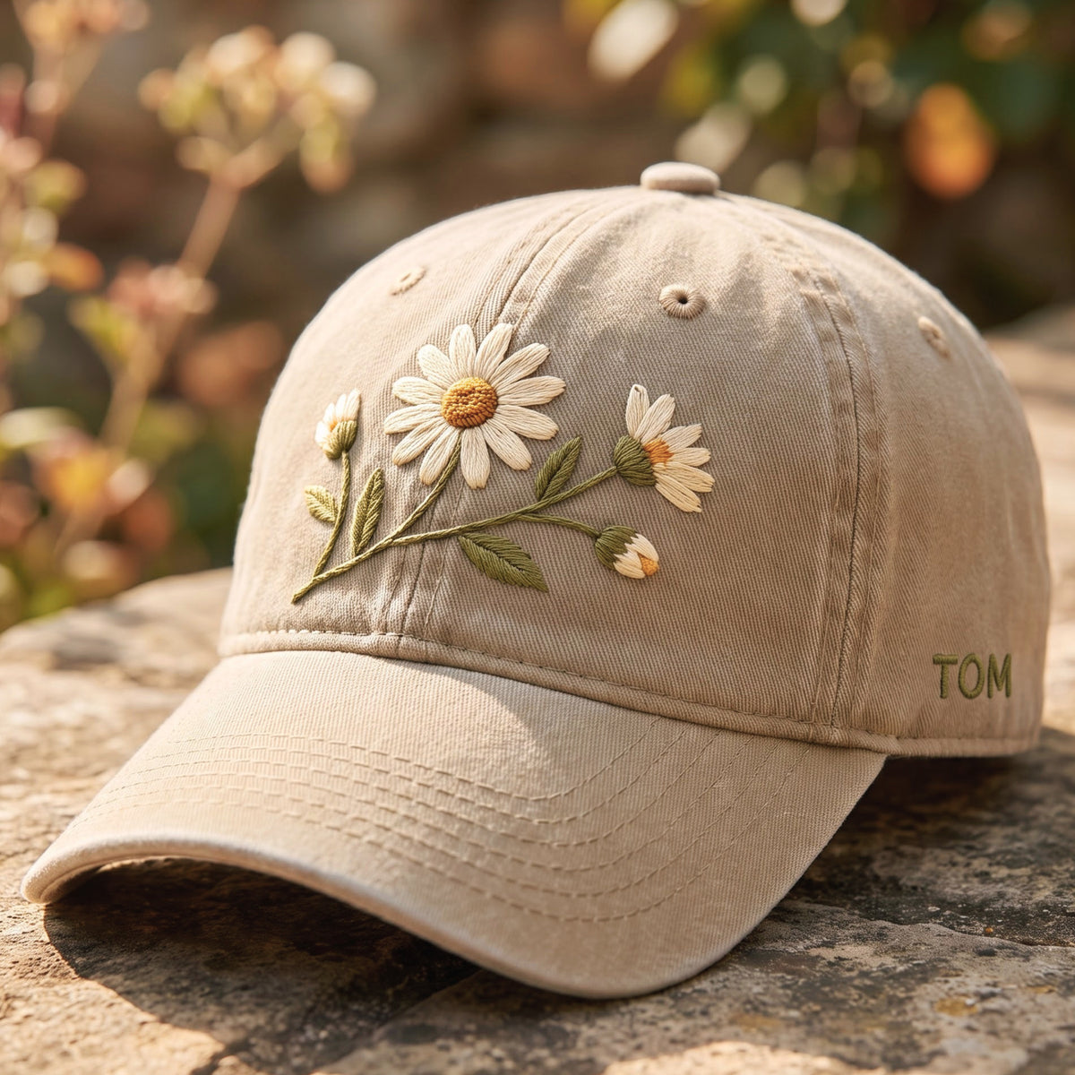 Personalized Daisy Bouquet Wildflower Stems Buds Minimalist embroidered hat — front view