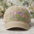 Personalized Wildflower Garden Daisy Aster Butterfly Dragonfly Pastel embroidered hat — front view