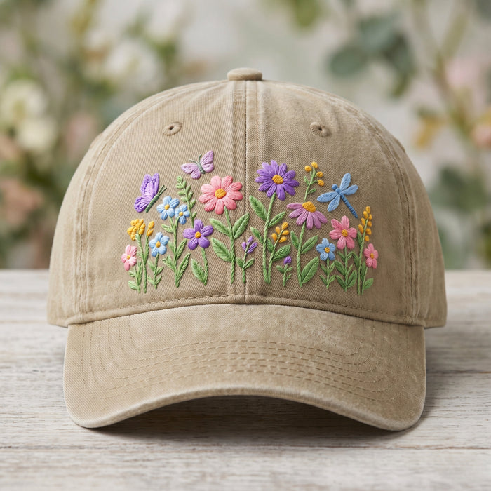 Personalized Wildflower Garden Daisy Aster Butterfly Dragonfly Pastel Embroidered Hat
