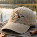 Personalized Flying Mallard Duck Moon Stars Cattails embroidered hat — front view