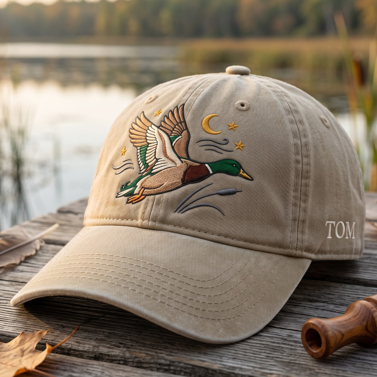 Personalized Flying Mallard Duck Moon Stars Cattails embroidered hat — front view