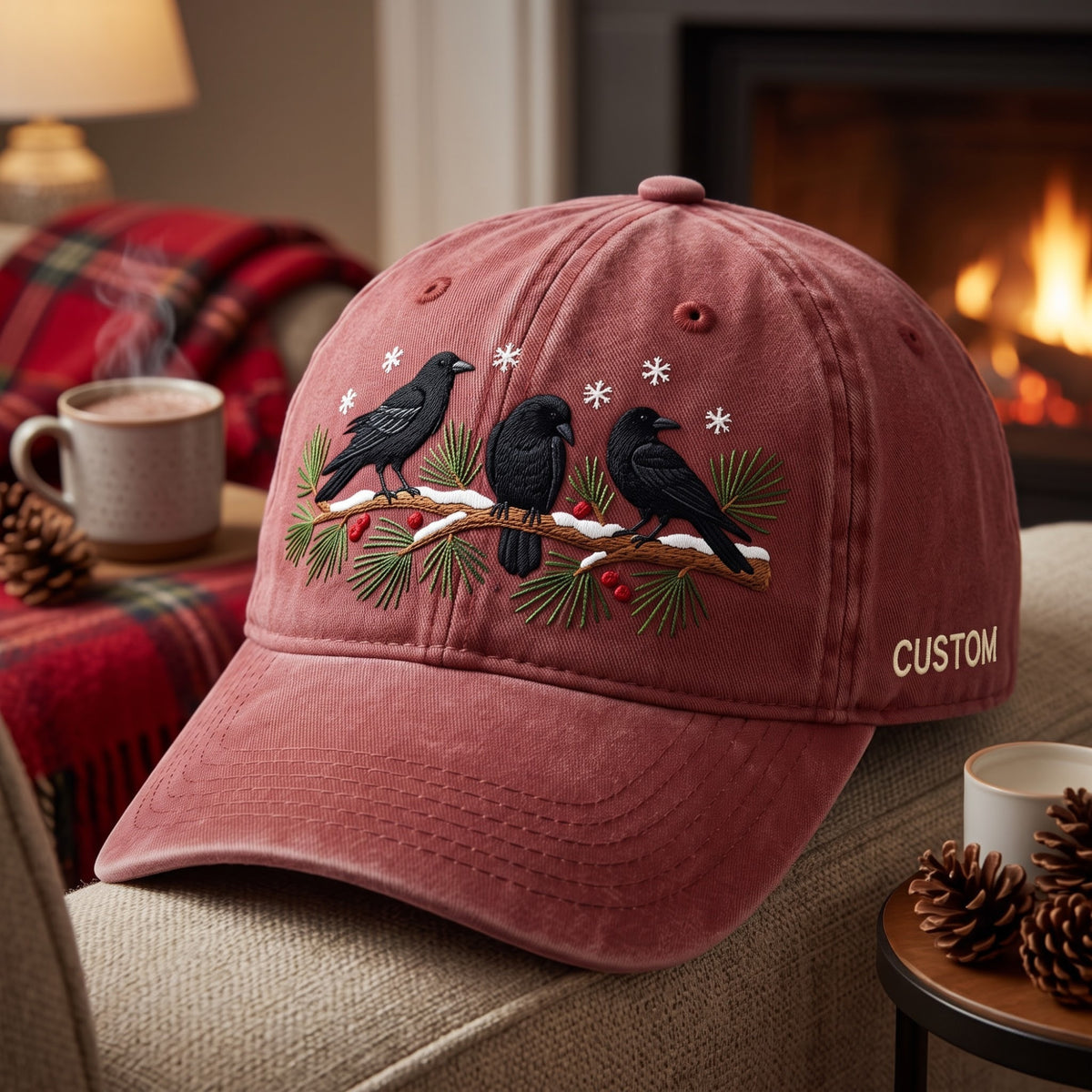 Personalized Three Crows Winter Pine Branch Snowflakes Berries embroidered hat — front view