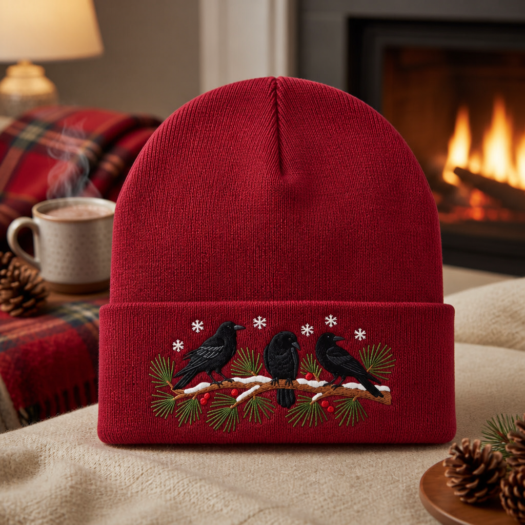 Personalized Three Crows Winter Pine Branch Snowflakes Berries Embroidered Beanie