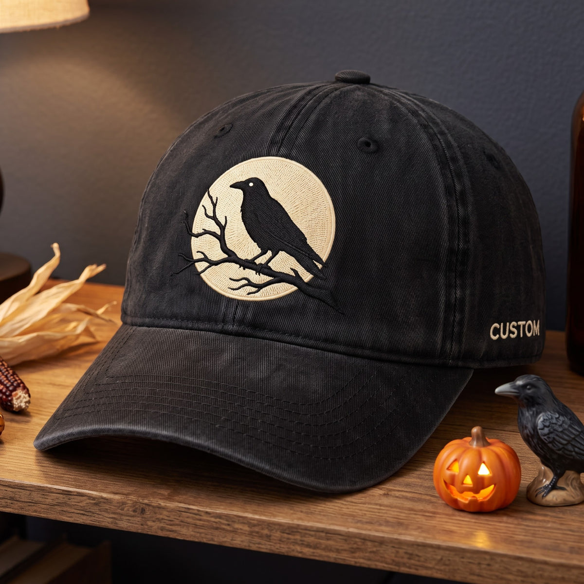 Personalized Halloween Crow Full Moon Bare Branch Silhouette embroidered hat — front view