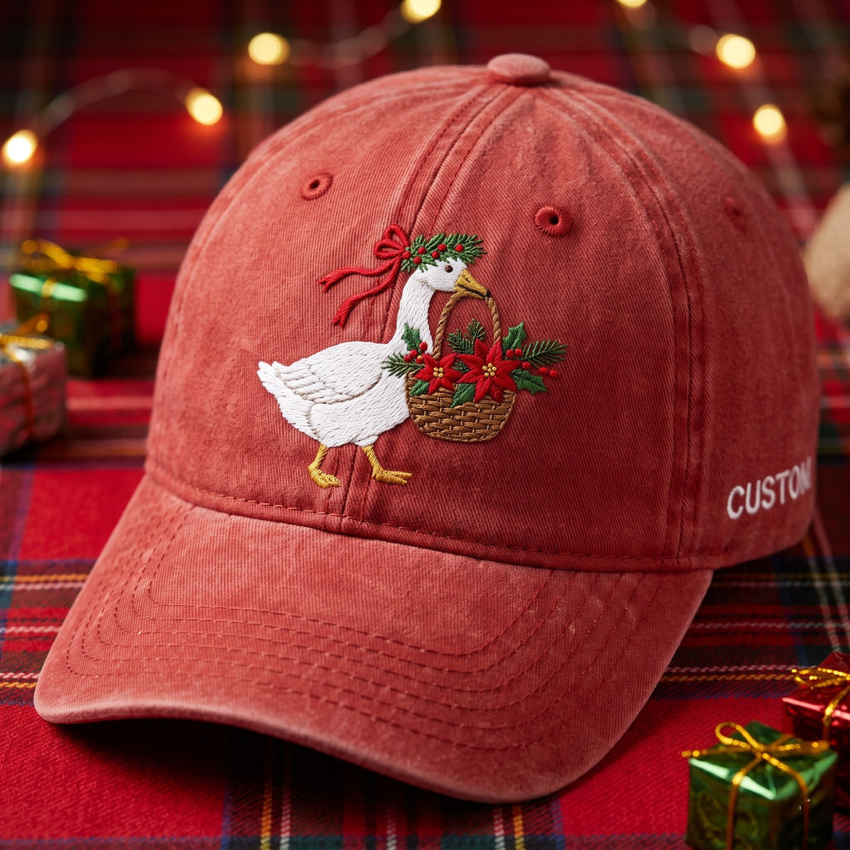 Personalized Christmas Goose Holly Crown Poinsettia Basket embroidered hat — front view