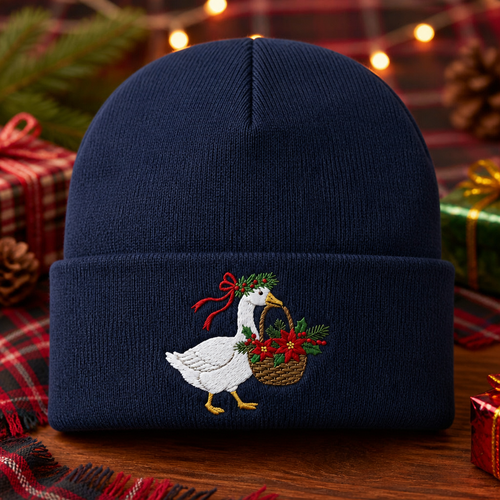 Personalized Christmas Goose Holly Crown Poinsettia Basket Embroidered Beanie