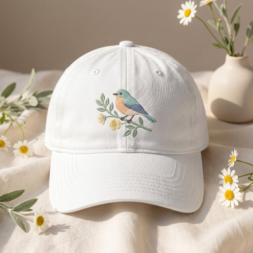 Bluebird Floral Branch Daisy Spring Nature embroidered hat — front view