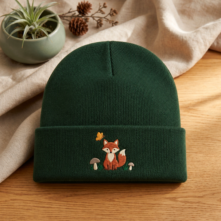 Woodland Fox Mushrooms Butterfly Nature Embroidered Beanie