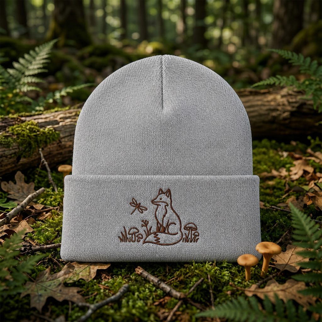 Woodland Fox Dragonfly Mushrooms Line Art Nature Embroidered Beanie