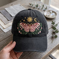 Celestial Moth Sun Moon Floral Botanical Mystical embroidered hat — front view