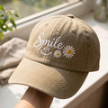 Smile Daisy Flowers Smiley Face Embroidered Hat — Washed Hat