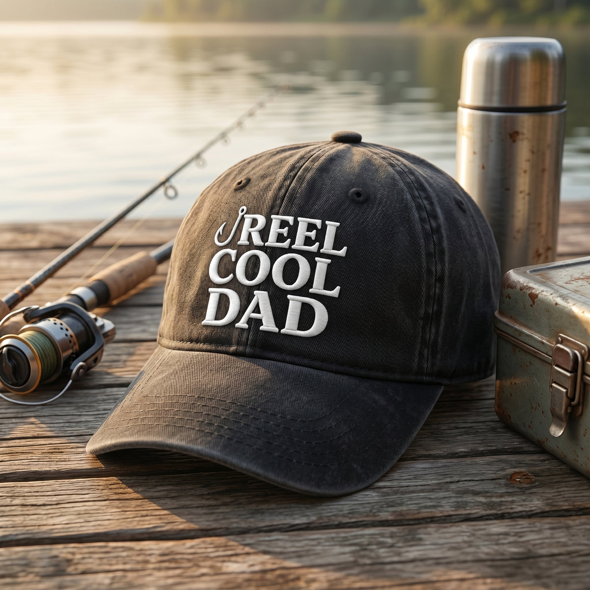 Reel Cool Dad Fishing Hook Embroidered Hat — Washed Hat