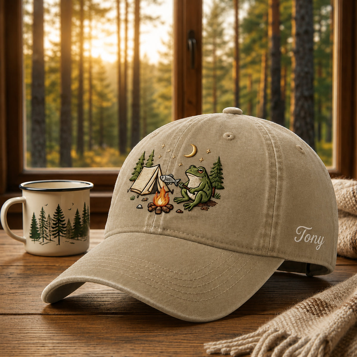 Personalized Frog Camping Fishing Campfire Pine Trees Moon Stars Embroidered Hat — Washed Hat