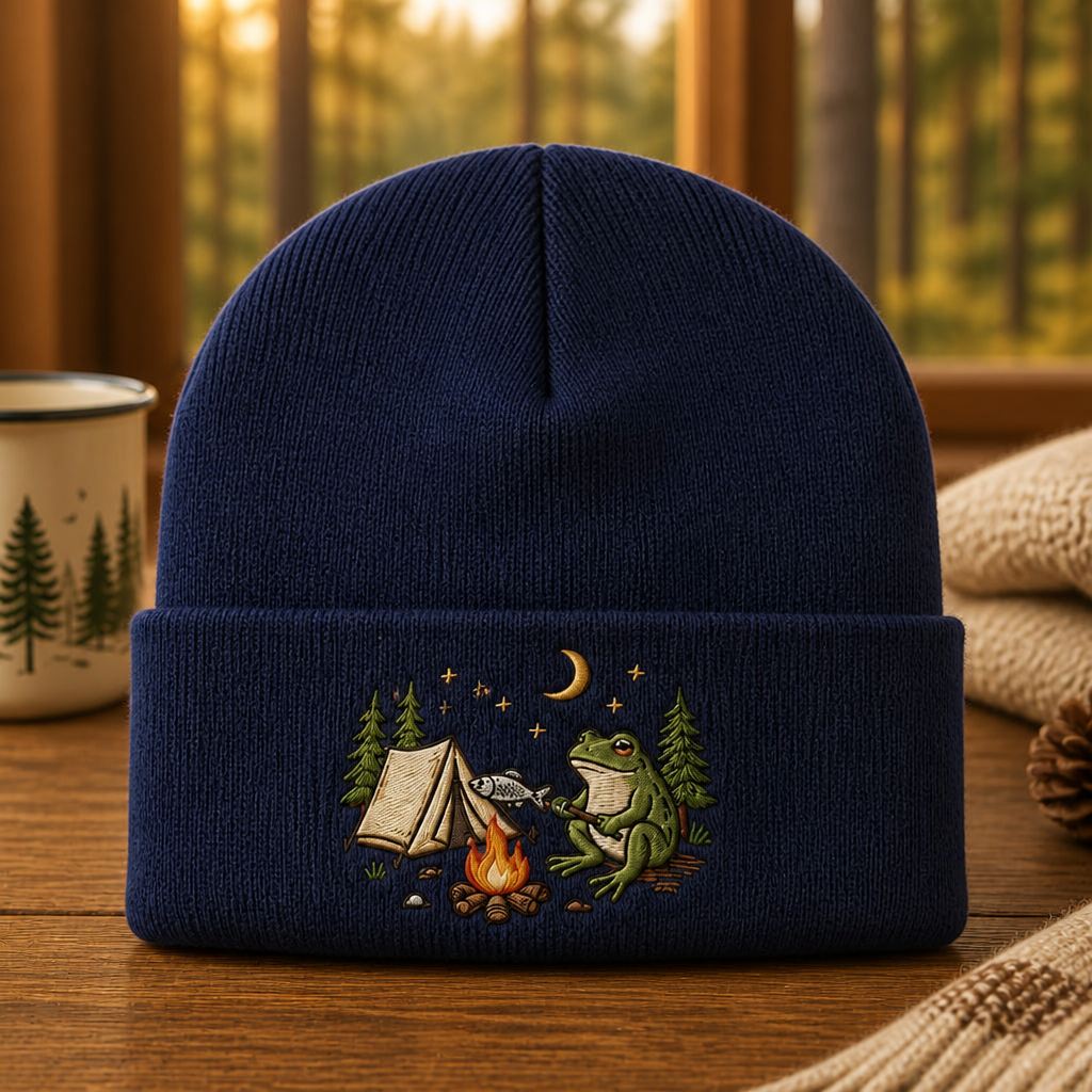 Personalized Frog Camping Fishing Campfire Pine Trees Moon Stars Embroidered Beanie