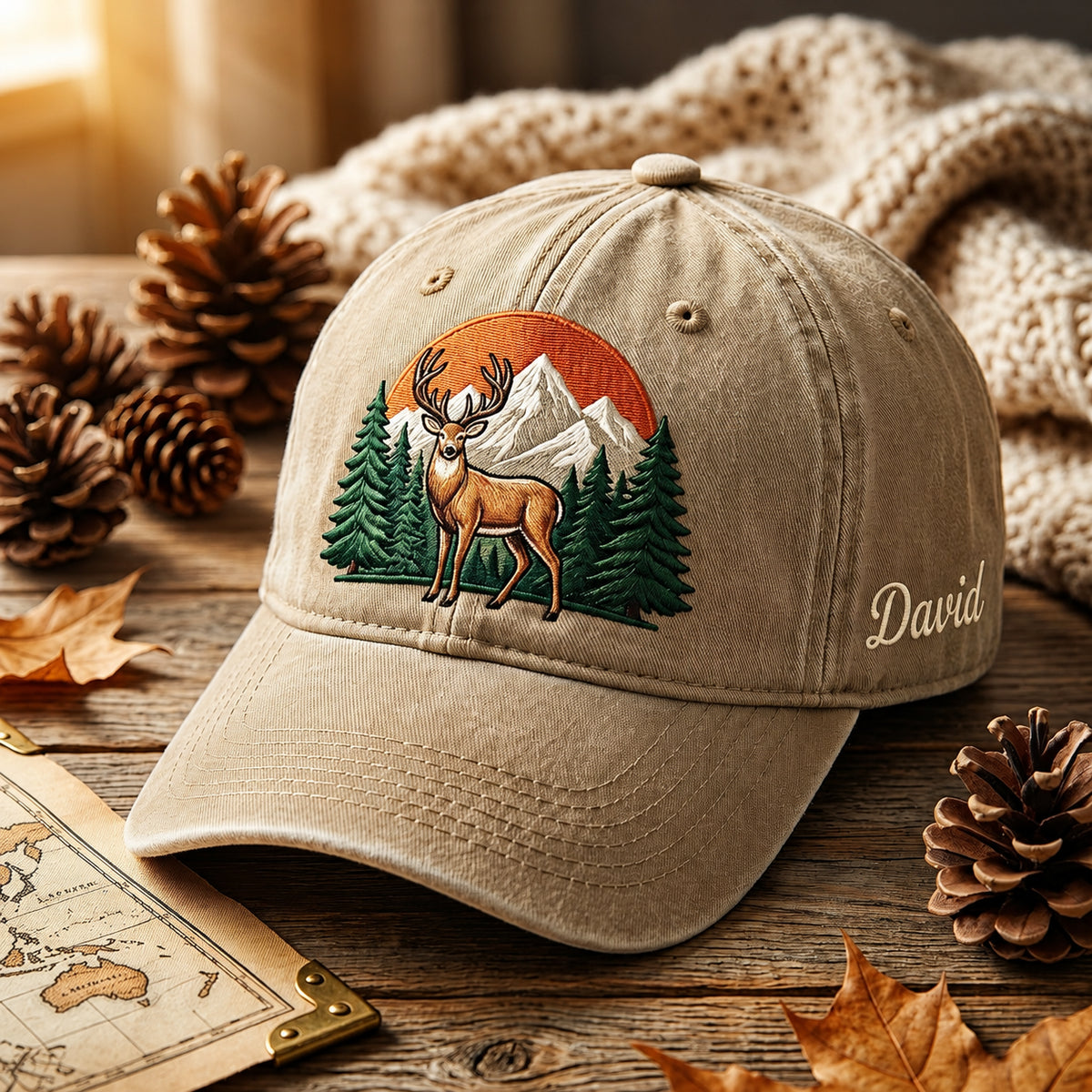 Personalized Deer Pine Trees Mountain Sunset Wilderness Embroidered Hat — Washed Hat