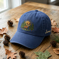 Personalized Deer Buck Pine Trees Sunburst Forest Wilderness Embroidered Hat — Washed Hat
