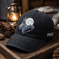 Wolf Howling Moon Mountain Pine Trees Pack Embroidered Hat — Washed Hat