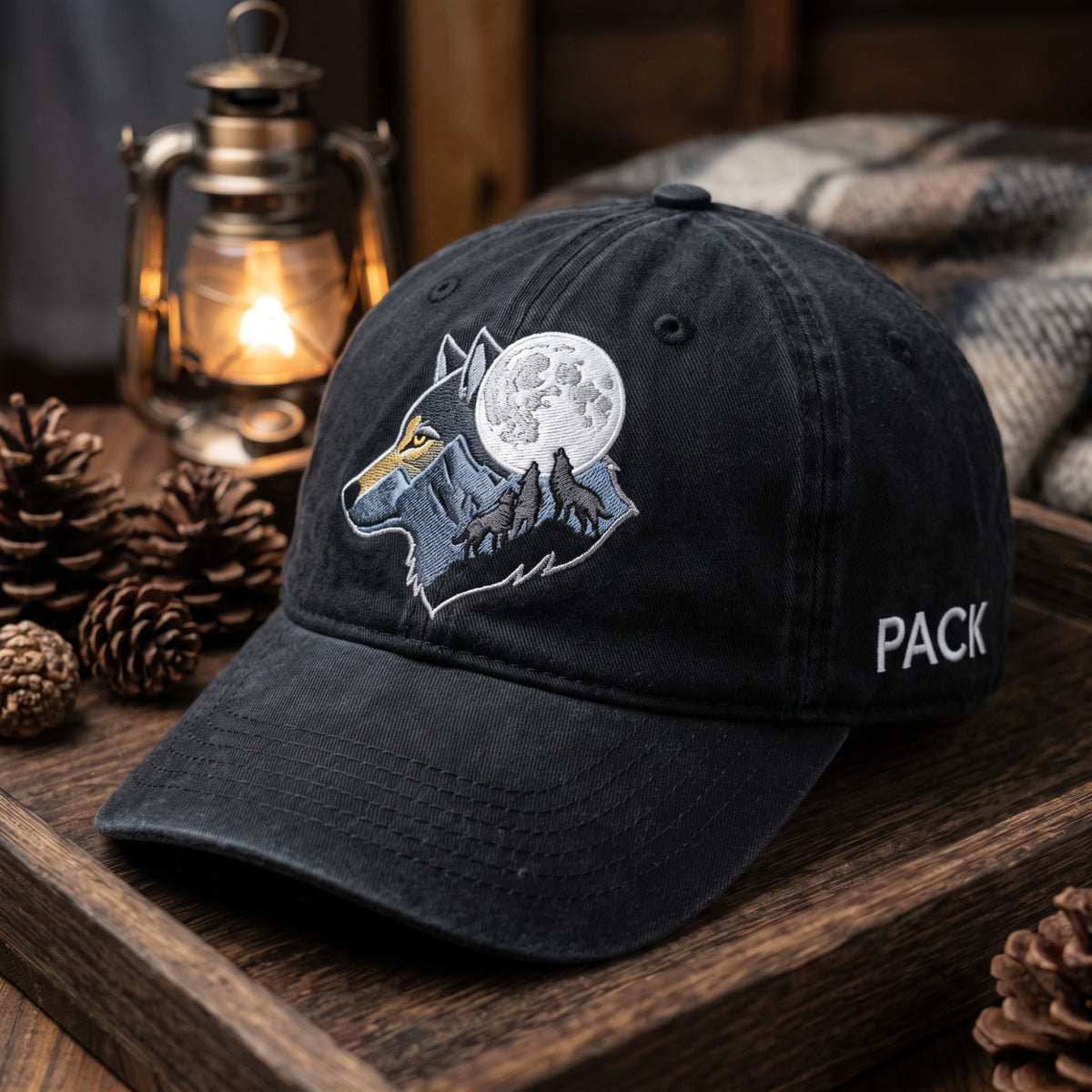 Wolf Howling Moon Mountain Pine Trees Pack Embroidered Hat — Washed Hat