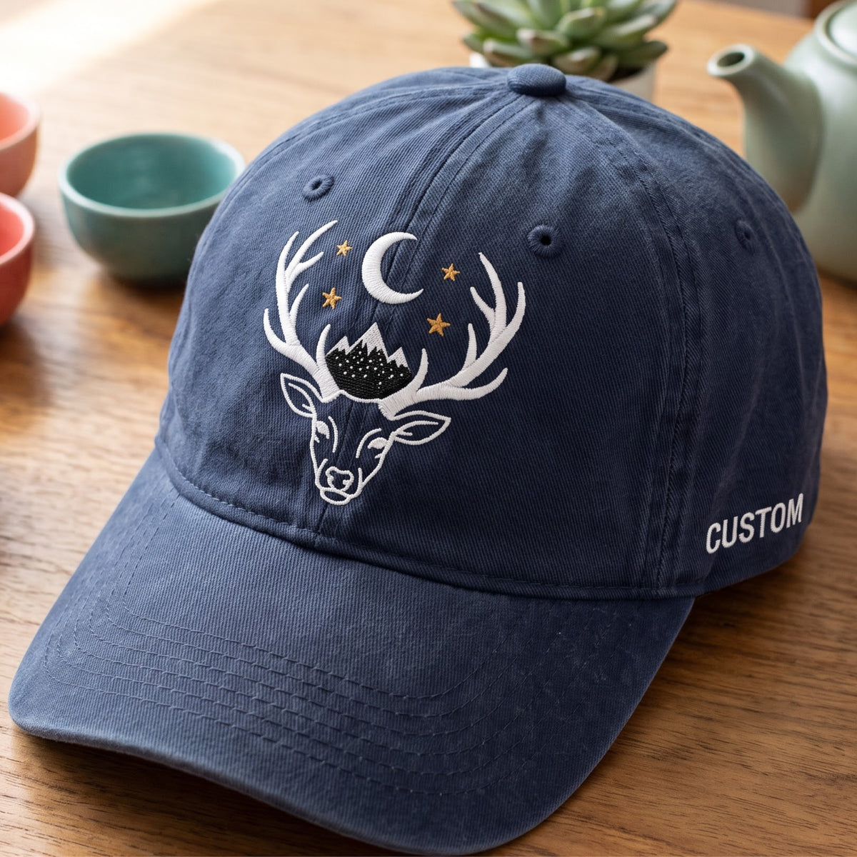 Personalized Mystical Deer Antlers Moon Mountains Stars Embroidered Hat — Washed Hat