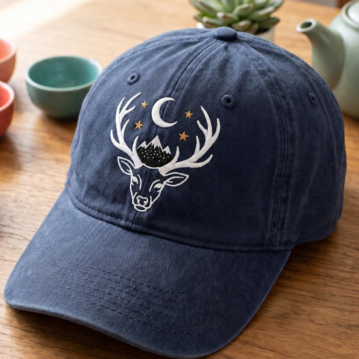 Personalized Mystical Deer Antlers Moon Mountains Stars Embroidered Hat
