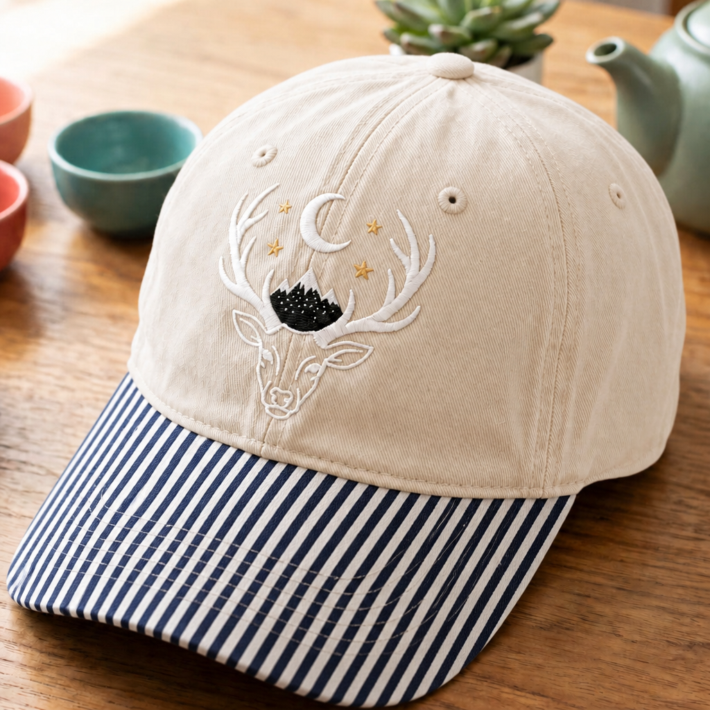 Personalized Mystical Deer Antlers Moon Mountains Stars Embroidered Gingham & Stripe Brim Hat