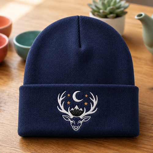 Personalized Mystical Deer Antlers Moon Mountains Stars Embroidered Beanie