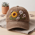 Sunflower Daisy Wildflower Bees Embroidered Hat — Washed Hat