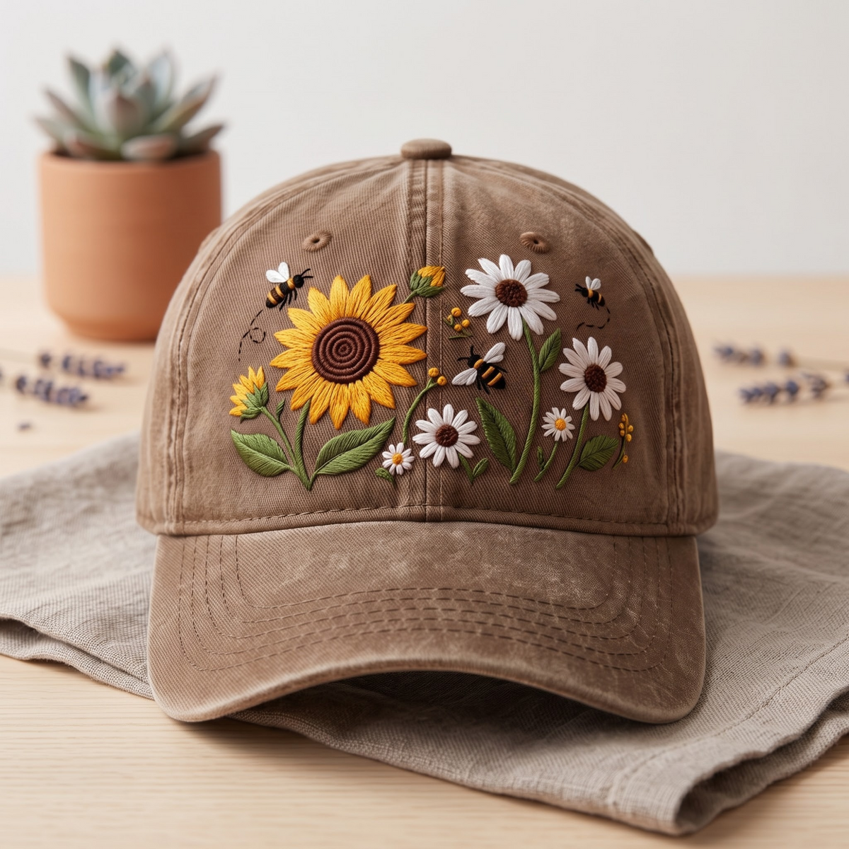 Sunflower Daisy Wildflower Bees Embroidered Hat — Washed Hat