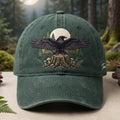 Personalized Raven Spreading Wings Forest Mushroom Tree Stump Moon Embroidered Hat — Washed Hat