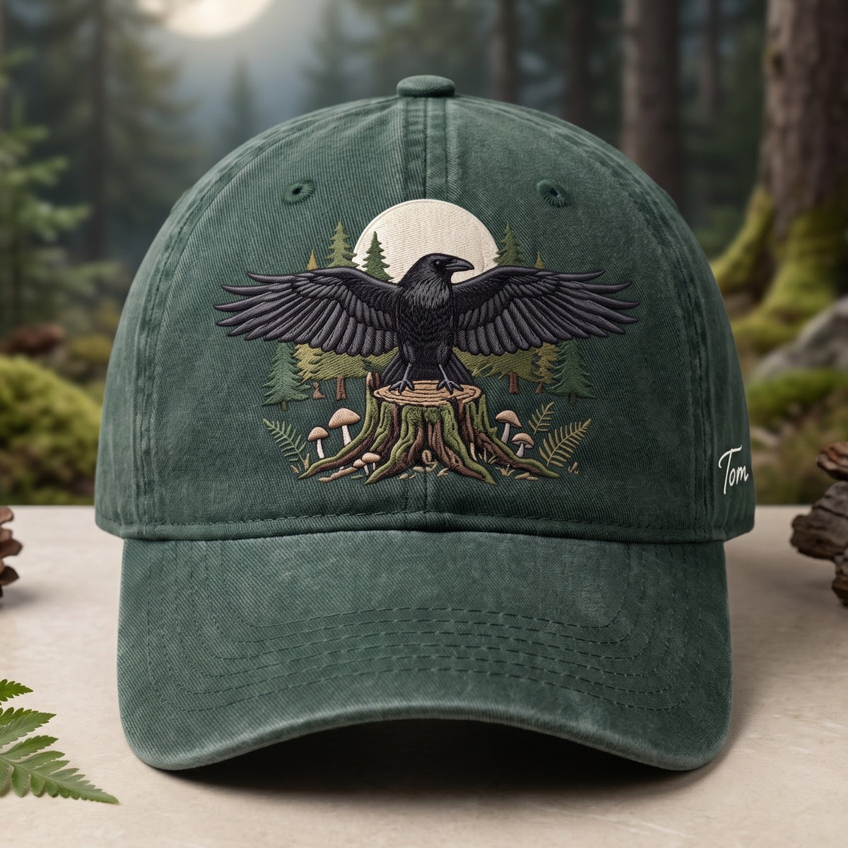 Personalized Raven Spreading Wings Forest Mushroom Tree Stump Moon Embroidered Hat — Washed Hat