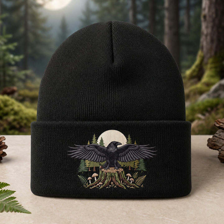 Personalized Raven Spreading Wings Forest Mushroom Tree Stump Moon Embroidered Beanie