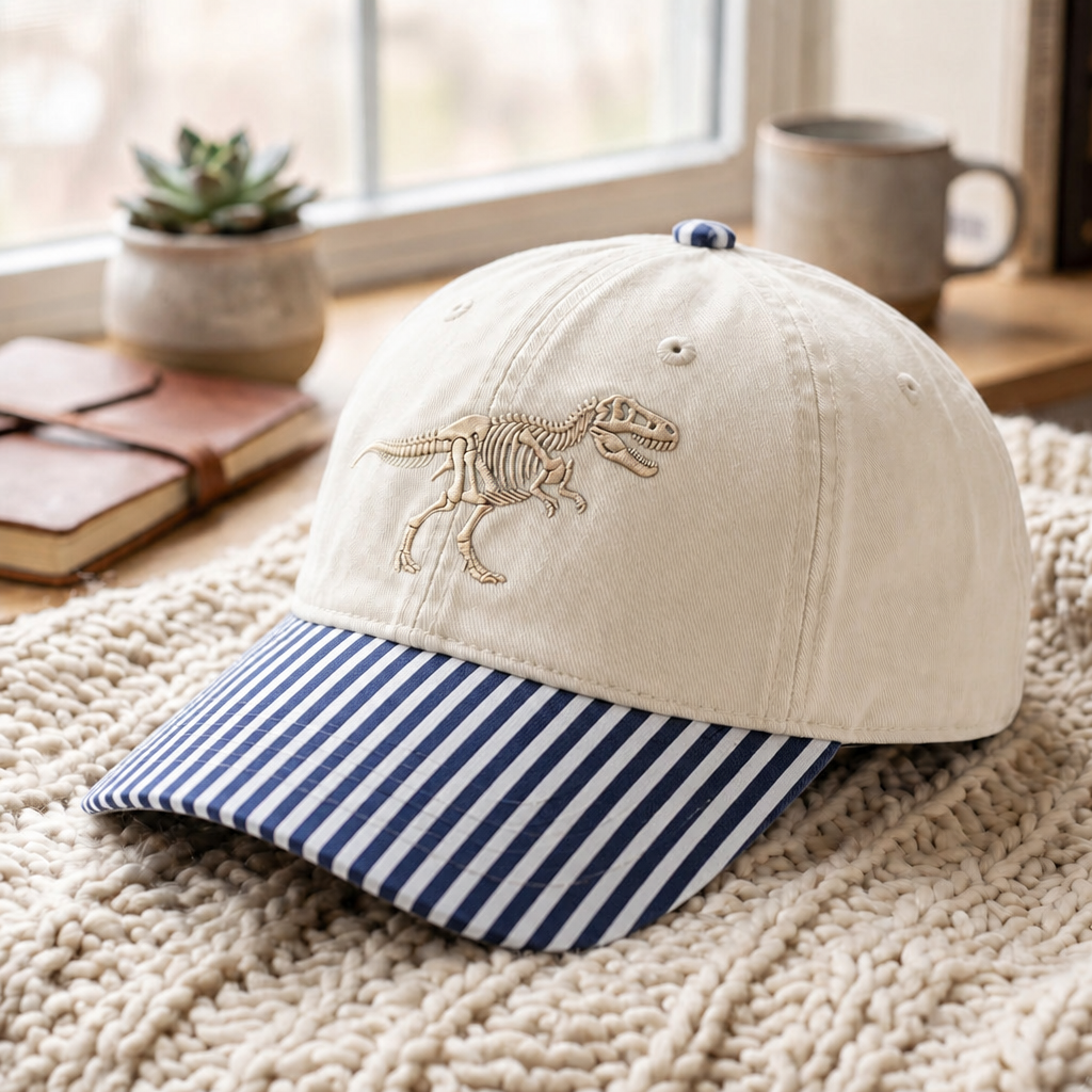 Personalized T-Rex Dinosaur Skeleton Fossil Embroidered Gingham & Stripe Brim Hat