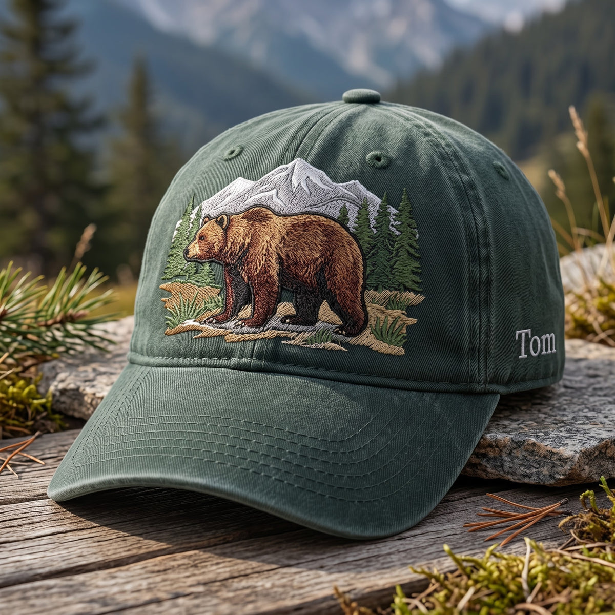 Personalized Grizzly Bear Mountain Forest Wilderness Embroidered Hat — Washed Hat