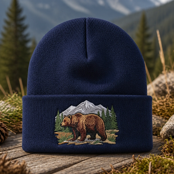 Personalized Grizzly Bear Mountain Forest Wilderness Embroidered Beanie