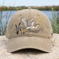 Personalized Great Blue Heron Flying Moon Stars Cattails Embroidered Hat — Washed Hat